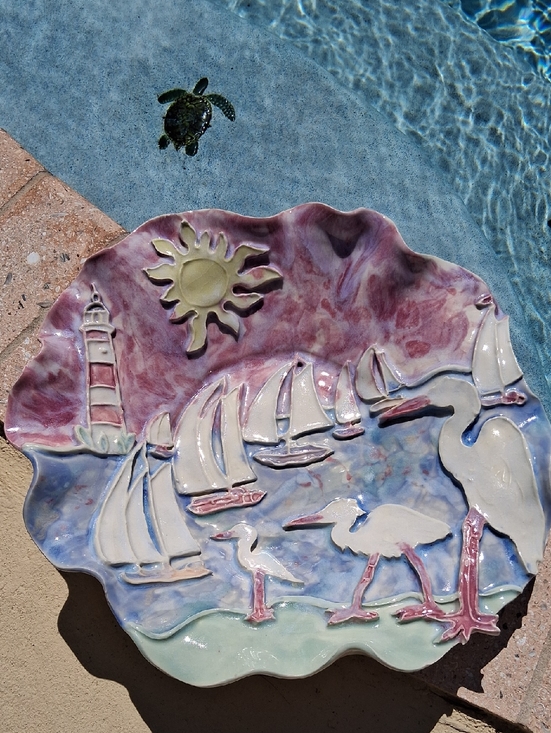 Other - Unique 3D Handcrafted Coastal Ceramic Center Bowl Art W/Pastel Sea Life Theme.